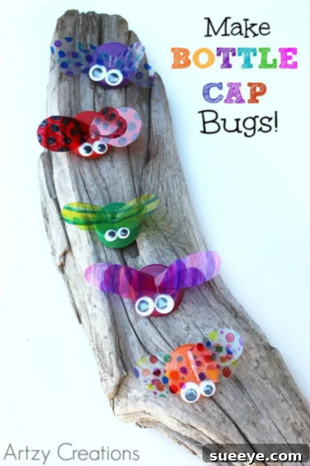 Step-by-step DIY bottle cap bug craft for children Colorful bottle cap bugs with googly eyes, a creative recycling craft for kids