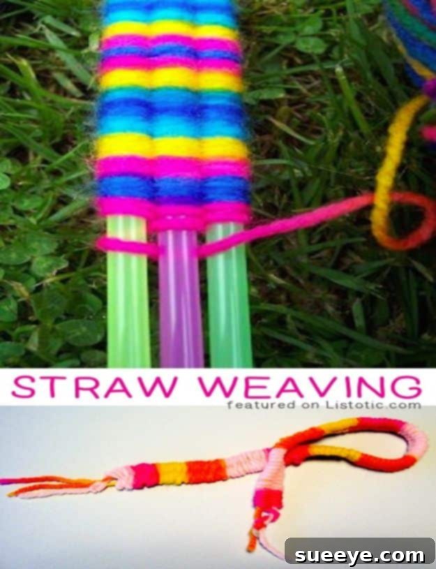 Soda straw weaving craft, exploring textiles with kids Easy straw weaving DIY for boys, making vibrant patterns with straws and yarn