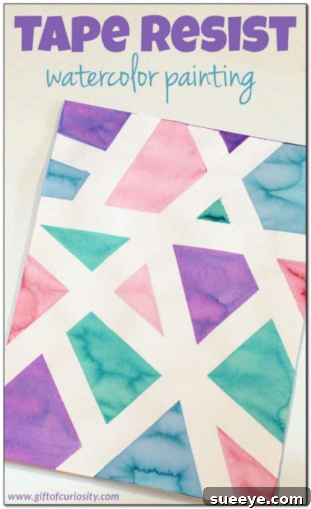 Tape resist watercolor craft, exploring colors and patterns DIY watercolor painting for kids using tape resist technique, abstract art