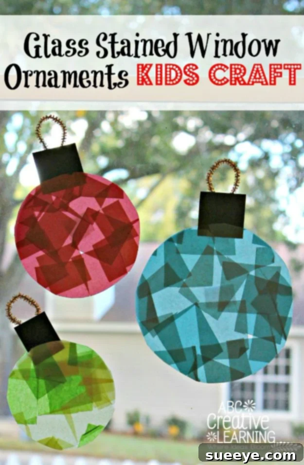 Stained glass ornaments craft, vibrant and light-catching DIY stained glass ornaments for kids, made with tissue paper and glue for a glowing effect