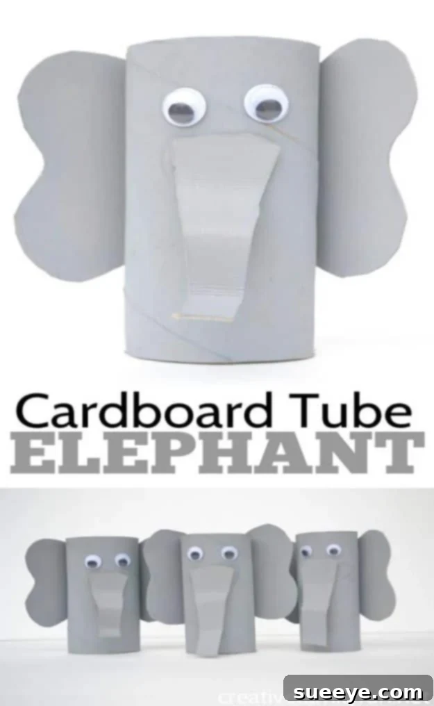 Cardboard tube elephant craft, inspiring animal themed play Easy elephant craft for kids, made from recycled cardboard tubes and paint