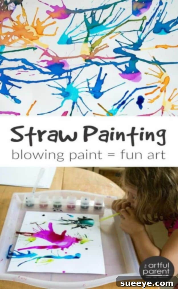 Blow painting craft for kids, encouraging creativity and experimentation DIY straw painting for boys, creating abstract art with watered-down paint