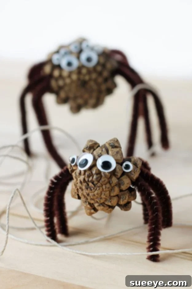 Step-by-step DIY pinecone spider craft for kids Halloween pinecone spiders with googly eyes and pipe cleaner legs