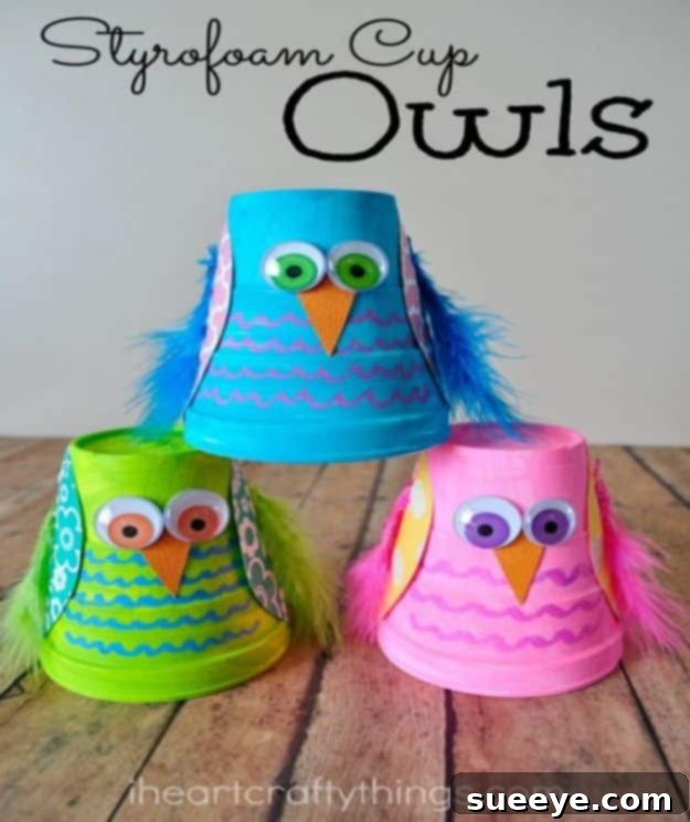 Styrofoam owl craft for boys, simple and creative DIY styrofoam cup owl craft for kids with colorful details