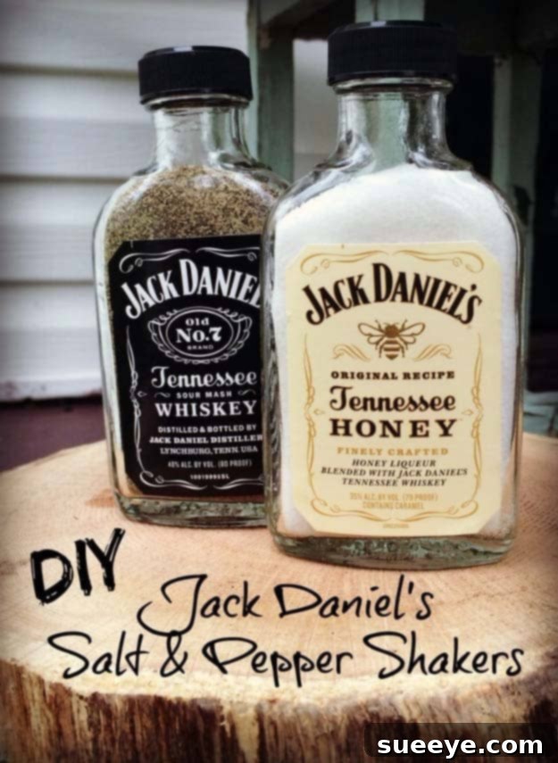 Jack Daniel's Salt and Pepper Shakers: A Fun, Whiskey-Themed Kitchen DIY Fun DIY Ideas Made With Jack Daniels - Recipes, Projects and Crafts With The Bottle, Everything From Lamps and Decorations to Fudge and Cupcakes | Jack Daniels Salt and Pepper Shakers #diy #jackdaniels #recipes #crafts