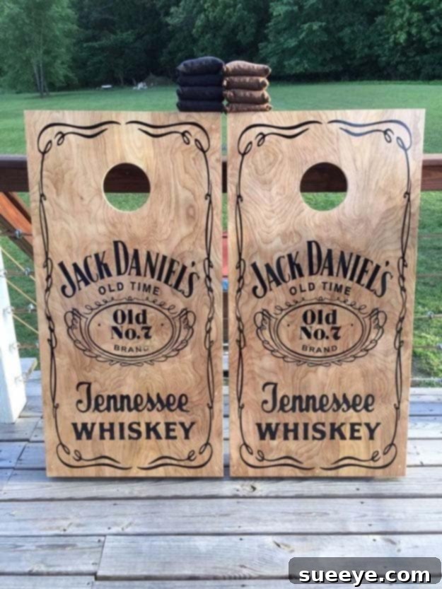 Custom Jack Daniel's Corn Hole Boards: Elevate Your Tailgate and Backyard Games Fun DIY Ideas Made With Jack Daniels - Recipes, Projects and Crafts With The Bottle, Everything From Lamps and Decorations to Fudge and Cupcakes | Jack Daniels Inspired Stenciled Corn Hole Boards #diy #jackdaniels #recipes #crafts