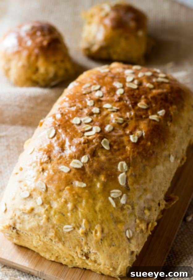 Hearty Oatmeal Molasses Bread Recipe Rustic loaf of Oatmeal Molasses Bread, sliced for tasting