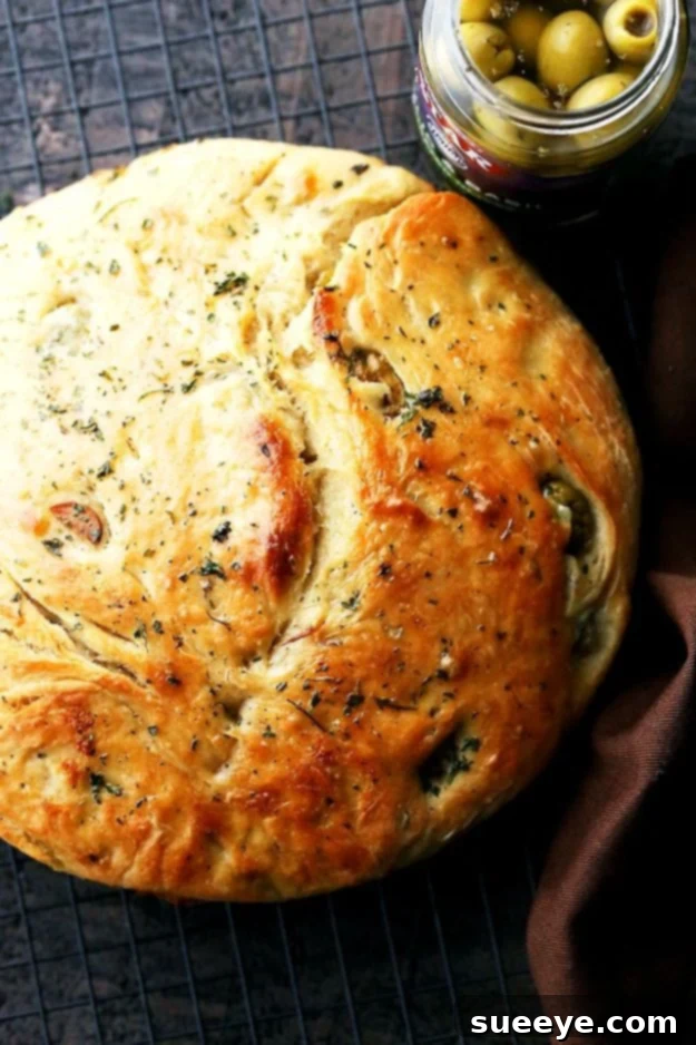 Effortless No Knead Skillet Olive Bread Savory No Knead Skillet Olive Bread, baked to perfection