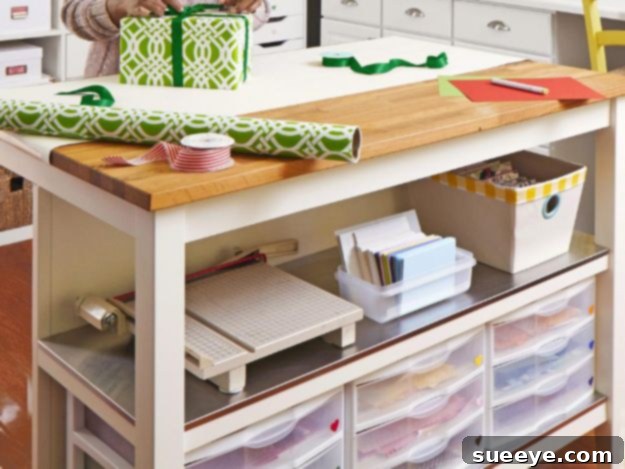 Kitchen Island as a Crafts Table Large kitchen island repurposed as a spacious craft table