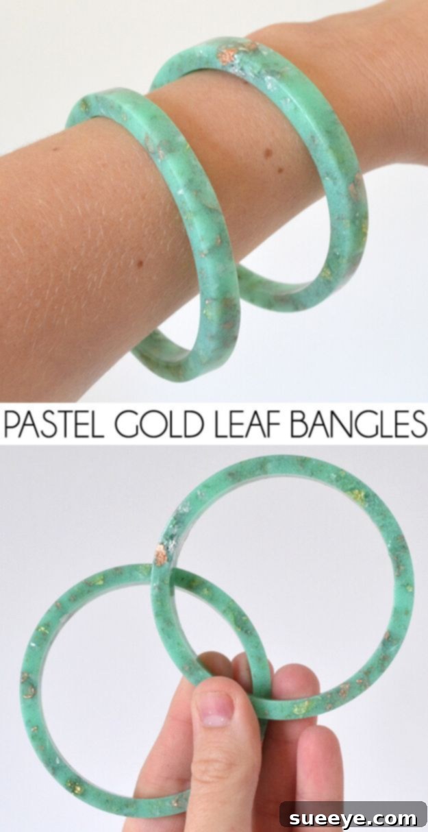 Handmade Resin Pastel and Gold Leaf Bangles Handmade resin bangles featuring pastel colors and elegant gold leaf accents, perfect for DIY jewelry projects.