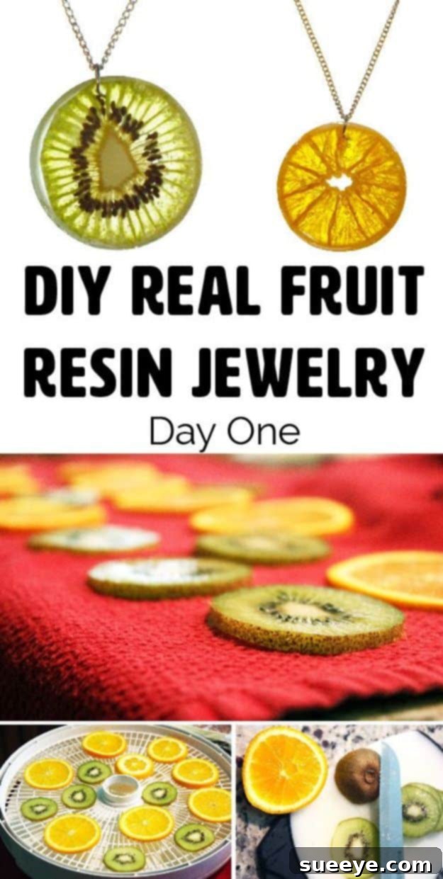 DIY Resin Fruit Jewelry Vibrant DIY resin fruit jewelry, featuring tiny dried fruit slices embedded in clear resin for a fresh, unique accessory.