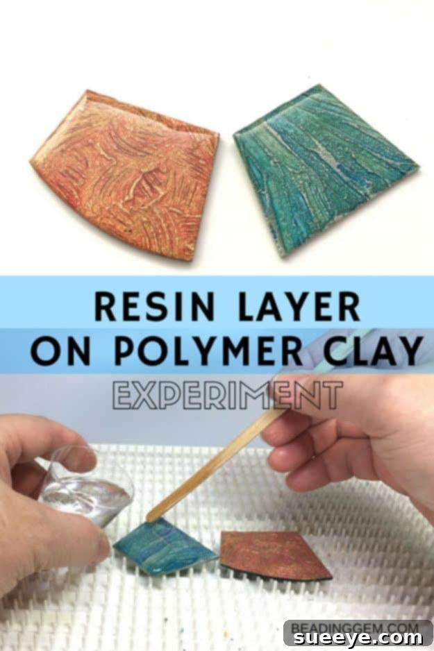 Resin Layer On Polymer Clay Glossy resin layer applied over polymer clay creations, adding durability and a professional, polished finish to jewelry or sculptures.