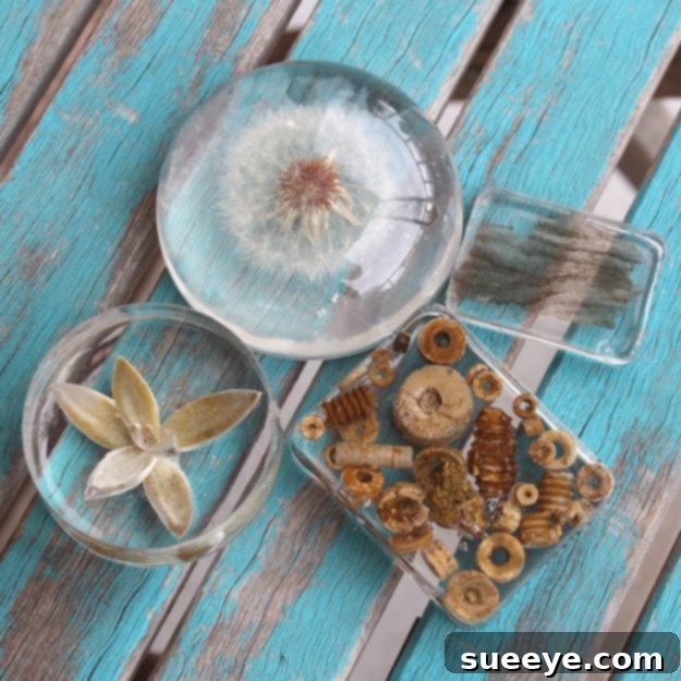 Clear Casting Resin Paperweights Crystal-clear casting resin paperweights, ideal for preserving dried flowers, small mementos, or creating desk accessories.