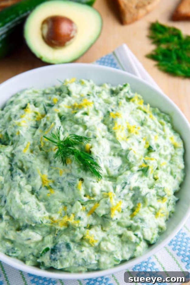 Avocado Tzatziki Sauce: A refreshing and unique dip Creamy green Avocado Tzatziki Sauce in a bowl