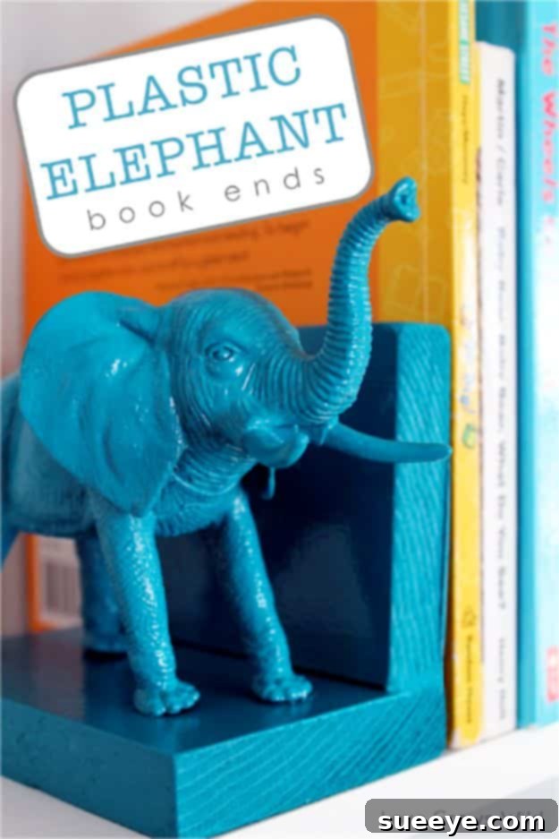 DIY plastic elephant bookends from Dollar Tree toys