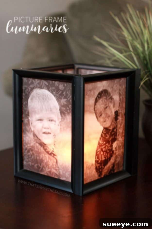 DIY picture frame luminaries showcasing backlit photos