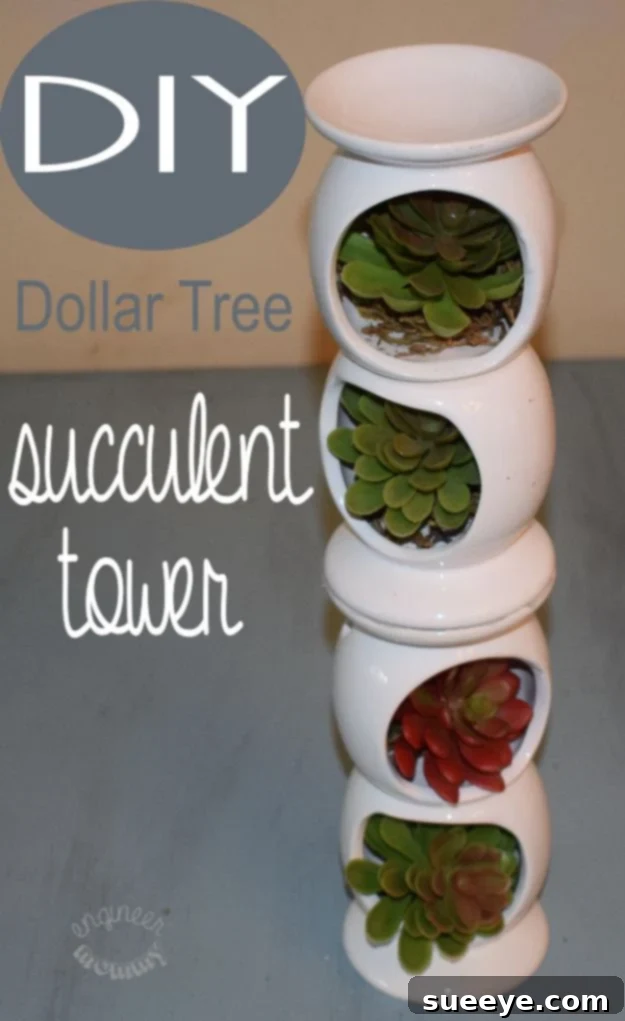 DIY Dollar Tree Succulent Tower DIY tiered succulent tower made with Dollar Tree planters and faux succulents