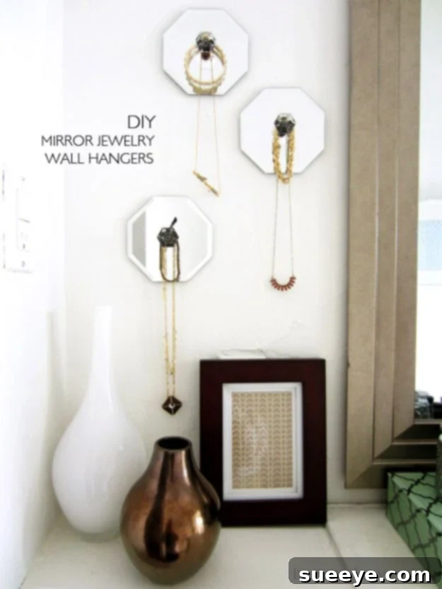 DIY Mirror Jewelry Wall Hangers DIY mirror jewelry wall hangers made from Dollar Tree mirrors and hooks