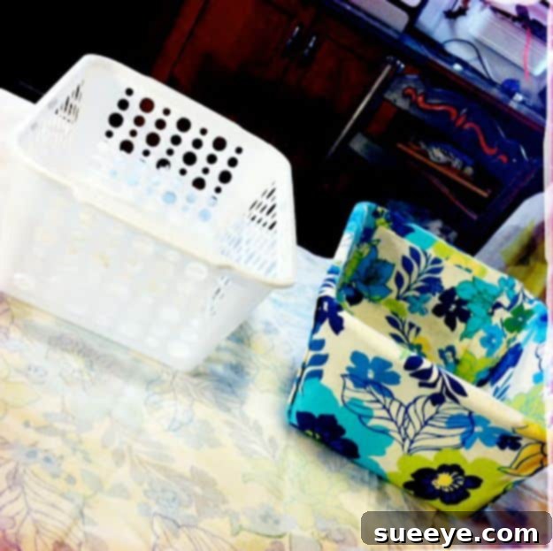 DIY Fabric Covered Bins DIY fabric-covered storage bins made from Dollar Tree plastic bins