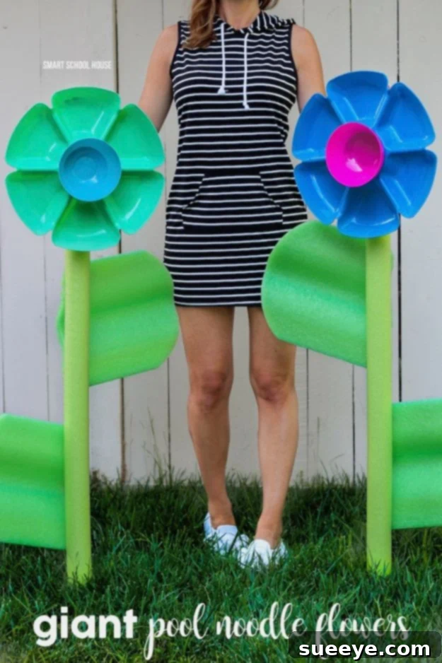 Giant Pool Noodle Flowers DIY giant flowers made from colorful Dollar Tree pool noodles