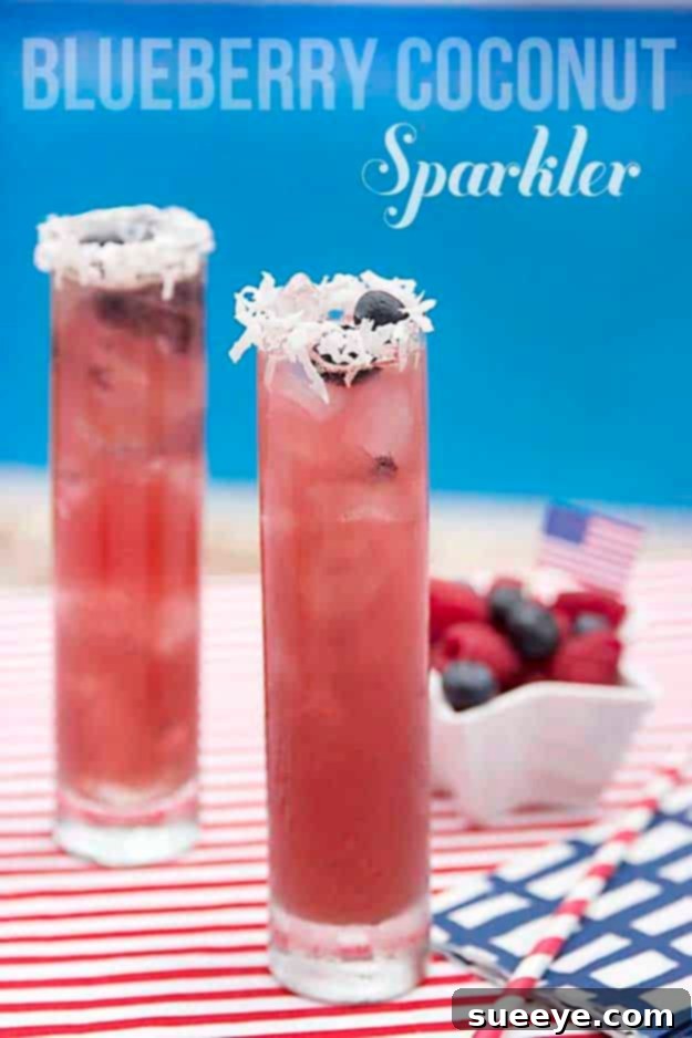 Refreshing Blueberry Coconut Sparkler Drink 4th of July Drink Recipes Blueberry Coconut Sparkler at #fourthofjuly