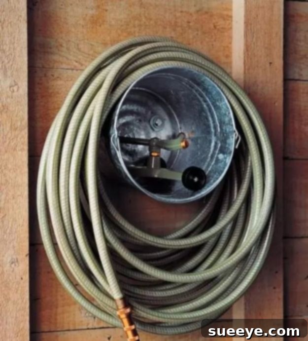 DIY bucket storage for garden hoses in the garage