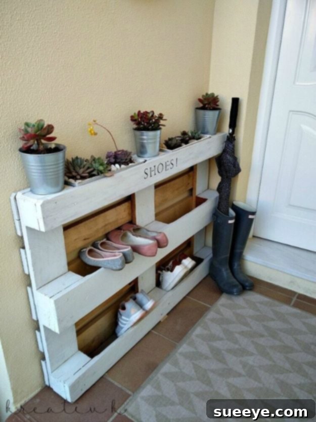 Clever DIY Shoe Storage Solutions 2 Rustic shoe rack built from upcycled wooden pallets
