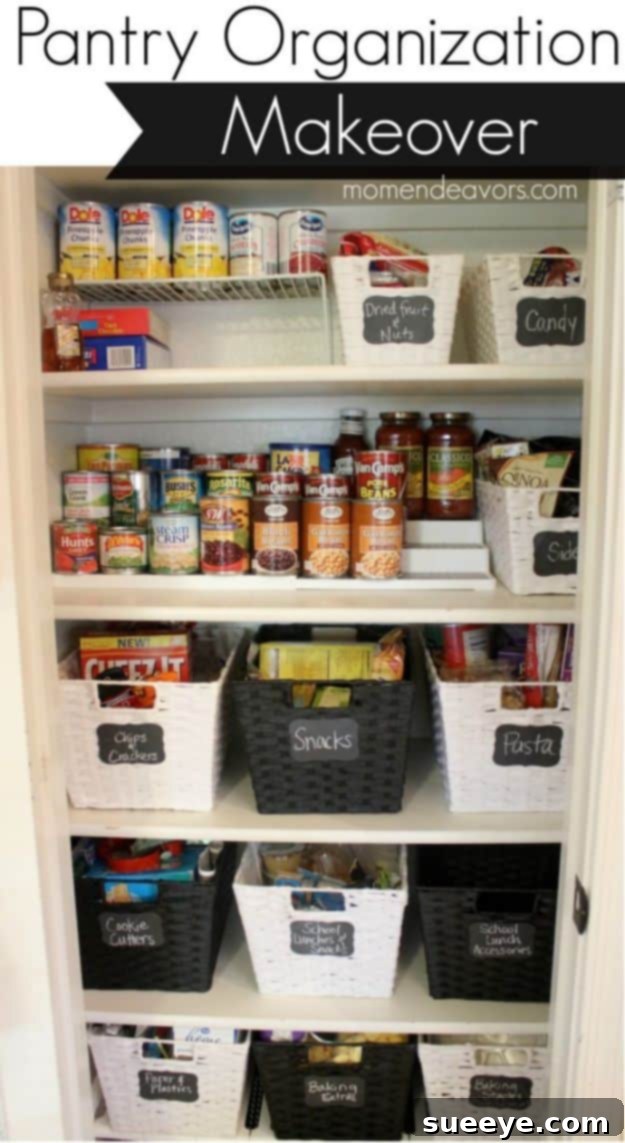 Full Pantry Organization Makeover A comprehensive pantry organization makeover showcasing various clear containers, tiered shelves, and labeled baskets for a tidy and efficient food storage space.