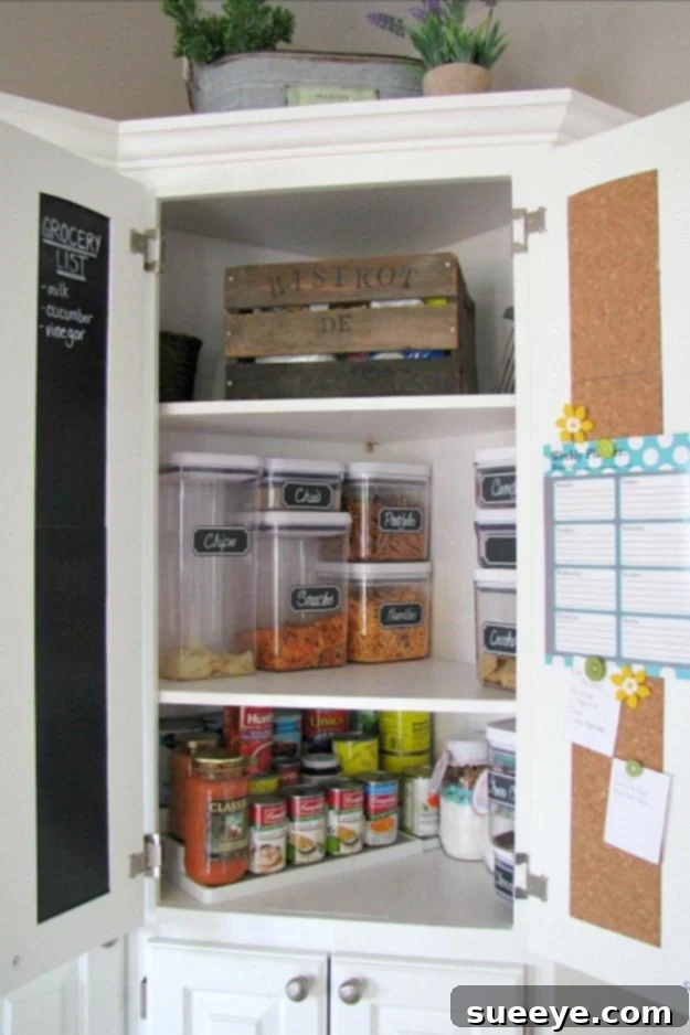 Effective Small Pantry Storage Ideas A compact pantry efficiently organized with tiered shelving, small bins, and clear containers, demonstrating smart space utilization for a small footprint.