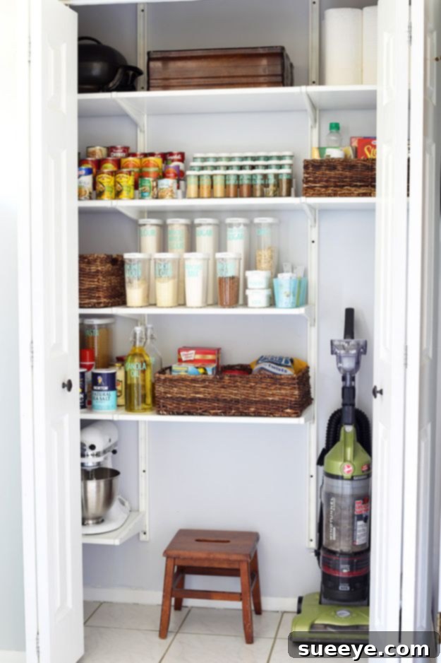 Free Printable Pantry Labels A neatly organized kitchen pantry utilizing free printable labels for containers and bins, offering an affordable and stylish way to categorize items.