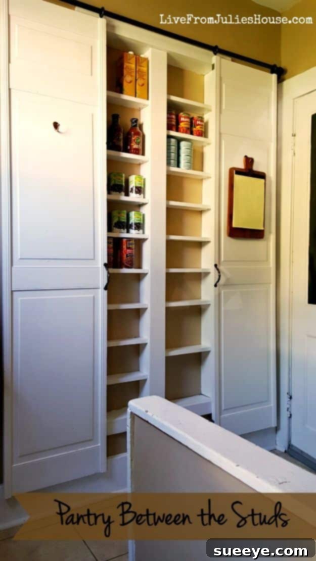 Recessed Wall Pantry Storage An ingenious 'pantry between the studs' solution, creating recessed shelving within a wall to maximize storage in a compact space.