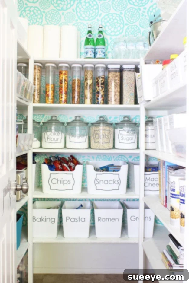 Pantry Organization Step-by-Step Guide A beautifully organized pantry with neatly arranged food in clear containers, baskets, and labeled bins, showcasing a systematic approach to decluttering.