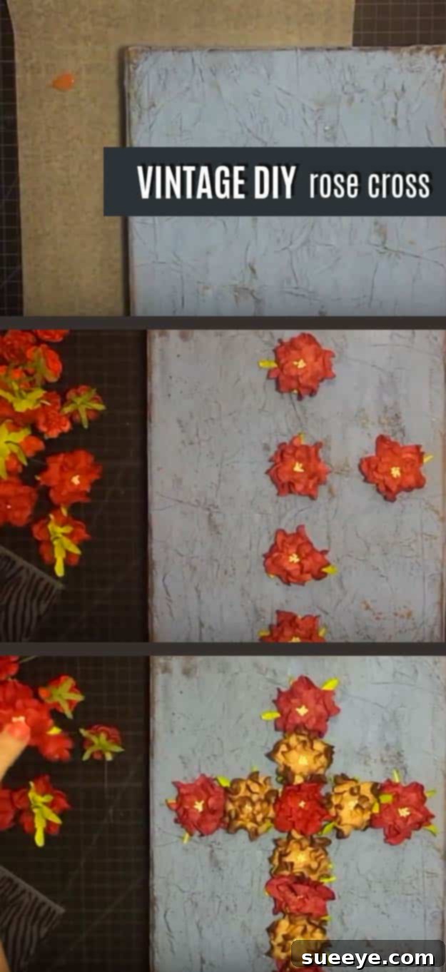 Shabby Chic Rose Cross Wall Art: DIY Vintage Decor Romantic DIY Vintage Rose Cross Wall Art with floral accents