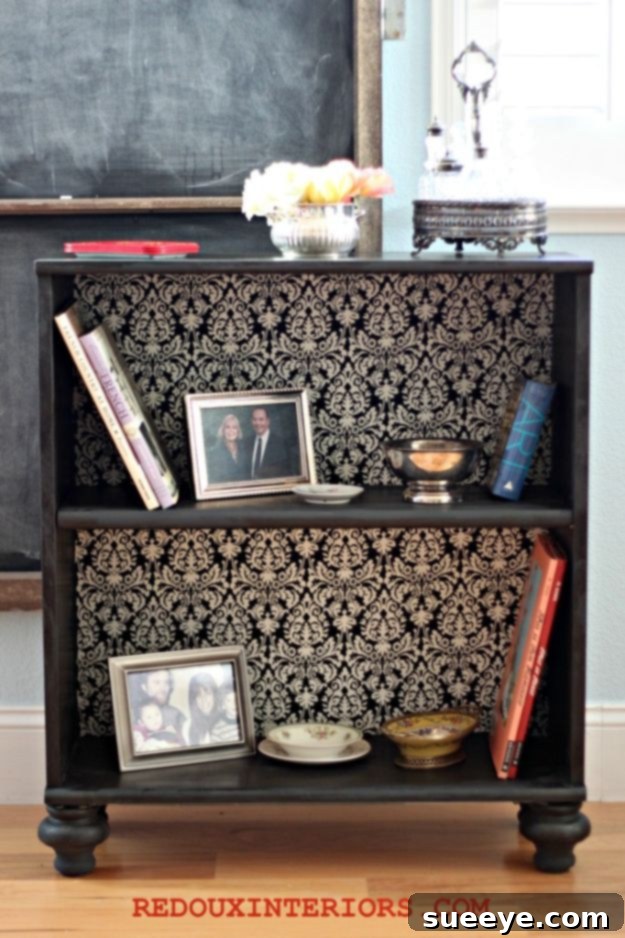 Elegant DIY Bookshelf with Patterned Paper Backing for Sophisticated Decor