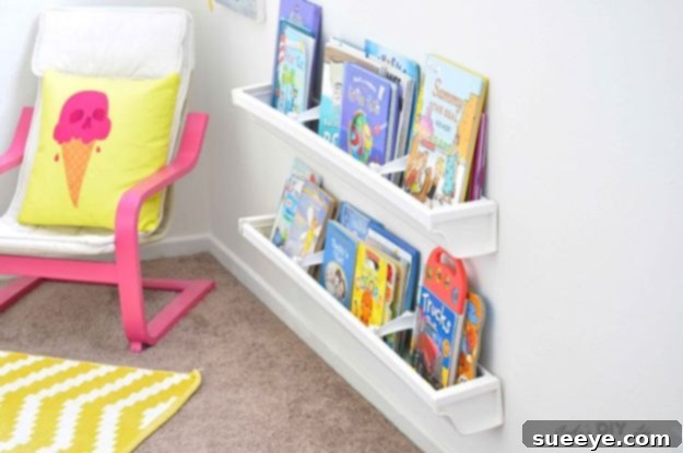 DIY Rain Gutter Bookshelves for Kids' Rooms: Front-Facing Book Storage