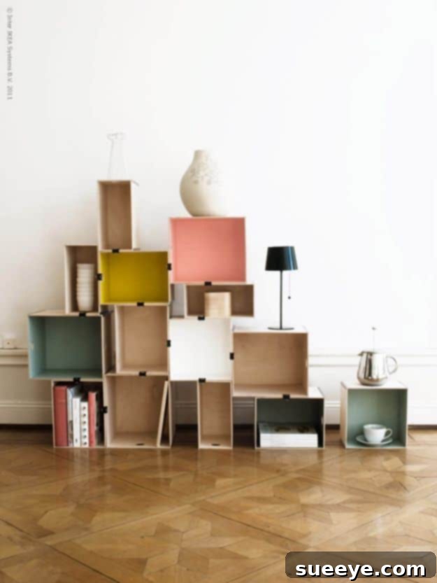 Cubist Plywood Box Bookshelf with Binder Clips for Industrial Chic Decor