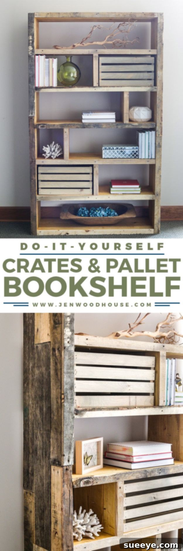 Rustic Bookshelf DIY from Repurposed Crates and Pallets - Farmhouse Decor
