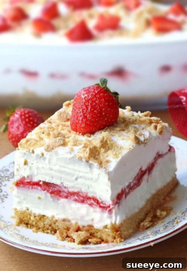 No Bake Desserts | No Bake Strawberry Cheesecake Lasagna - Quick Dessert Ideas and Easy Sweets You Can Make Without Baking - Healthy Cookies and Pie Beautiful No-Bake Strawberry Cheesecake Lasagna, a layered dessert featuring fresh strawberries and creamy cheesecake.