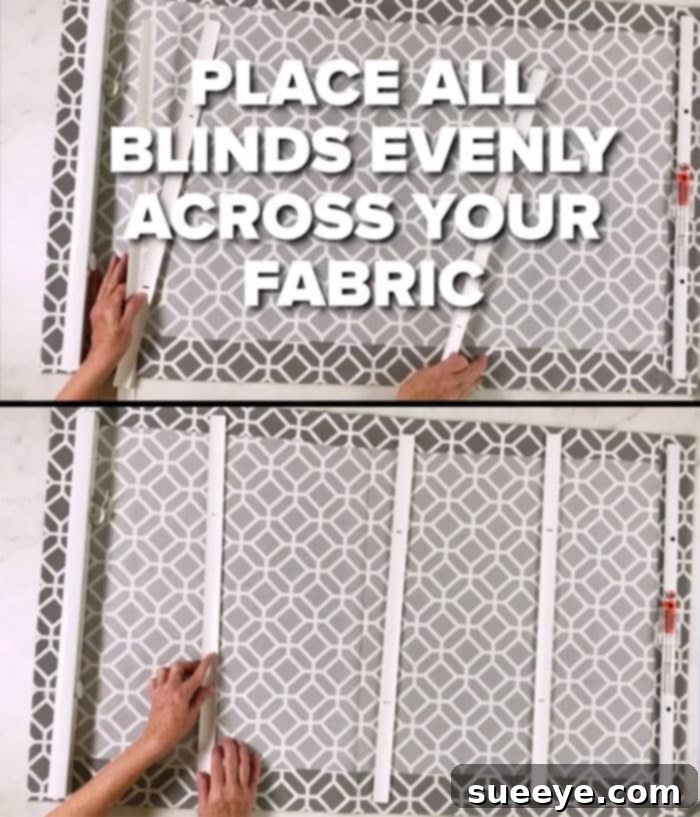 Turn a Mini Blind into a Roman Shade for Just 12 Dollars 8 Positioning mini blind slats evenly on fabric for DIY roman shade