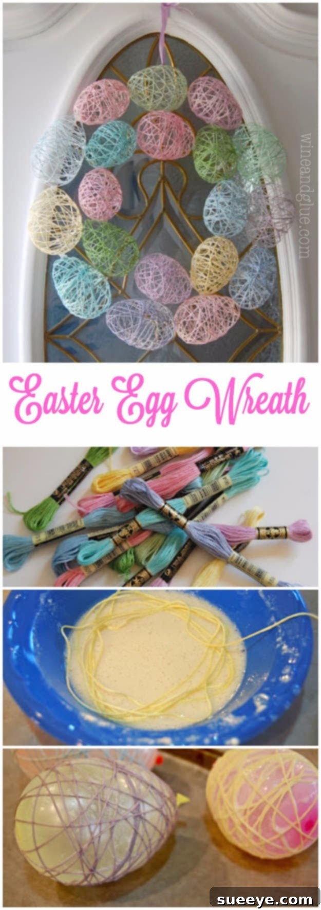 48 Creative DIY Easter Decor Projects 2 Colorful Easter Egg Wreath made with yarn-wrapped eggs, perfect for front door decor.