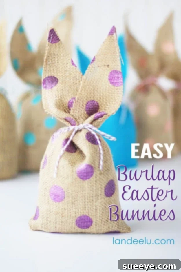 48 Creative DIY Easter Decor Projects 11 Cute burlap Easter bunnies with polka dots, perfect as treat bags or rustic decor.