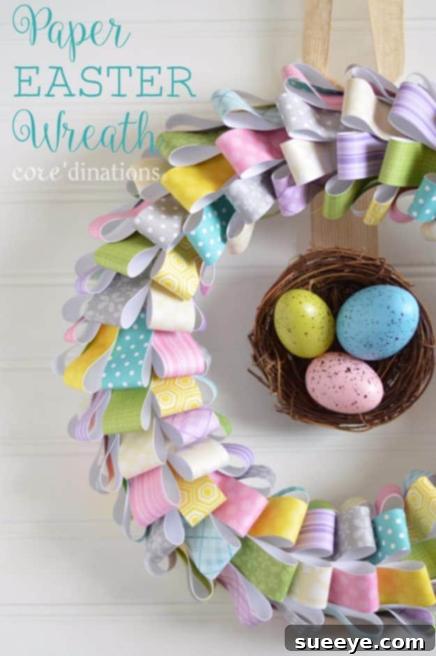 48 Creative DIY Easter Decor Projects 12 A colorful Easter wreath made from various patterns of layered scrapbook paper.