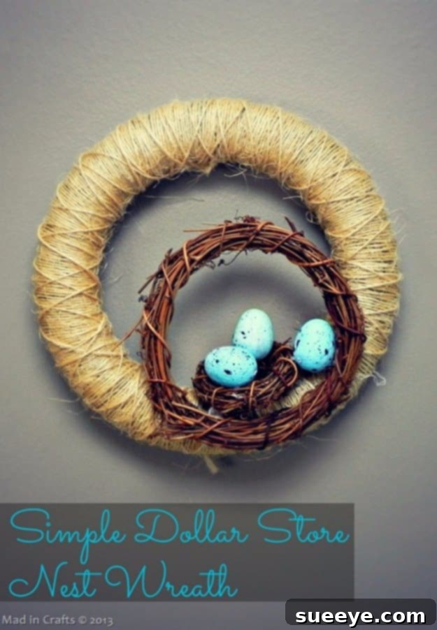 48 Creative DIY Easter Decor Projects 14 A rustic Easter wreath featuring a bird's nest and small eggs, made from dollar store items.