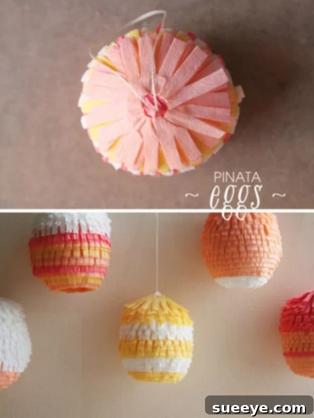 48 Creative DIY Easter Decor Projects 18 Easter eggs decorated like miniature pinatas with colorful tissue paper fringes.