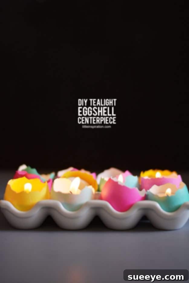 48 Creative DIY Easter Decor Projects 3 Tealight candles nestled in colorful broken eggshells, forming an elegant Easter centerpiece.