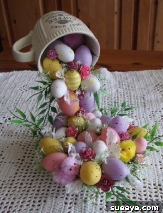 48 Creative DIY Easter Decor Projects 22 A whimsical topiary featuring a teacup seemingly pouring a stream of colorful Easter eggs.