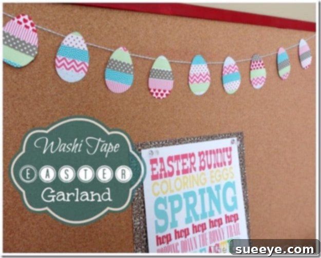 48 Creative DIY Easter Decor Projects 24 A festive garland made with egg shapes decorated with various patterns of washi tape.