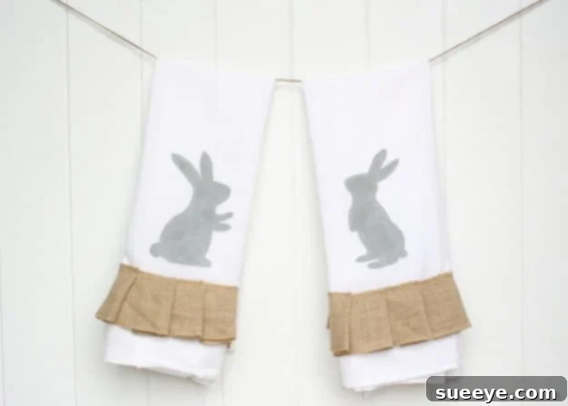 48 Creative DIY Easter Decor Projects 30 Kitchen tea towels decorated with cute Easter bunny designs.