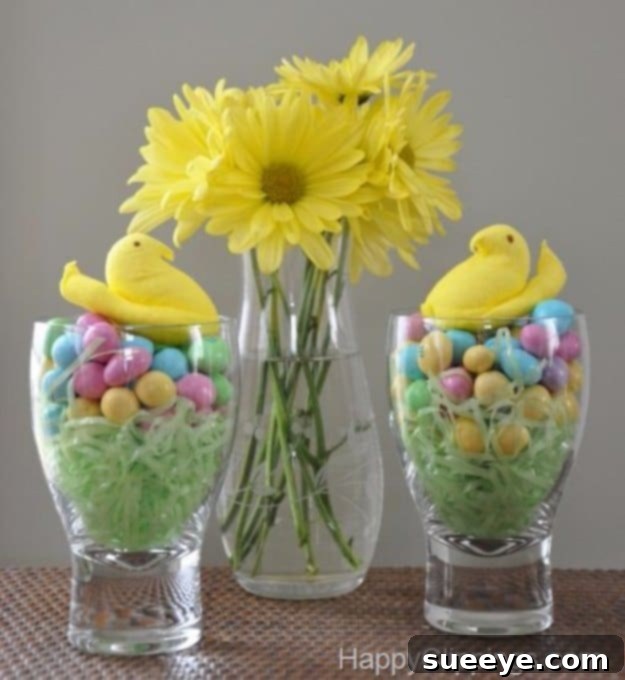 48 Creative DIY Easter Decor Projects 39 Colorful marshmallow Peeps chicks arranged as cute Easter candy decorations.