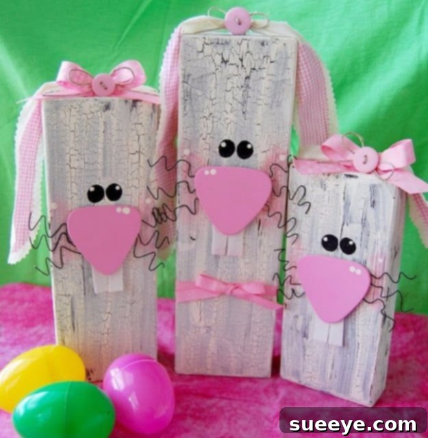 48 Creative DIY Easter Decor Projects 40 Charming wooden bunny figurines, painted in soft colors for rustic Easter decor.